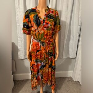Pretty MSK size M orange olive floral print drawstring waist hi low maxi dress